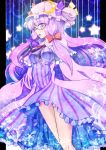  bespectacled bow breasts capelet crescent glasses hair_bow hat highres long_hair nightgown patchouli_knowledge purple_eyes purple_hair qontamblue solo touhou very_long_hair violet_eyes 