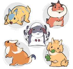  black_eyes blue_eyes cactus circle commentary_request creature creature_focus diablos eating fusion great_izuchi great_wroggi grey_background highres holding ikuchi_osutega monster_hunter_(series) multicolored_fur no_humans open_mouth rabbit rakna-kadaki rearing simple_background striped_fur tigrex whiskers 