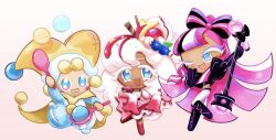 3girls :3 belt blonde_hair blush boots bow bow-shaped_hair contact_lens cookie_run cookie_run:_kingdom cookie_run:_ovenbreak cropped_jacket cvlvuse eyelashes eyeliner female glitter glitter_in_hair glitter_makeup guitar hair_ornament hand_on_headset hand_on_headwear headset heart holding holding_guitar holding_microphone_stand ice_juggler_cookie jester long_hair microphone microphone_stand multicolored_hair one_eye_closed oversized_clothes pants parfait_cookie pink_hair shining_glitter_cookie smile third-party_source white_hair white_pants