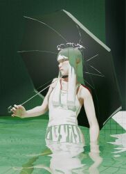  1girl black_umbrella camisole closed_mouth commentary dream_pool halo highres holding holding_umbrella lips long_hair natari nose original partially_submerged pleated_skirt profile reflection reflective_liquid skirt solo tile_wall tiles turning_head umbrella untranslatable_commentary wading water white_camisole white_hair white_halo white_skirt 
