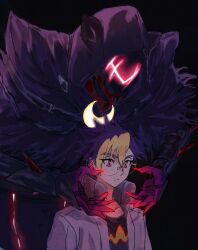  1boy 1other arm_guards atratusmon behind_another black_background black_cloak black_mask blonde_hair blue_hair cloak crescent digimon digimon_(creature) digimon_beatbreak front-to-back glasses glowing glowing_hand glowing_mask hood hooded_cloak jacket multicolored_hair red_eyes risyo round_eyewear simple_background tenma_tomoro two-tone_hair white_jacket 