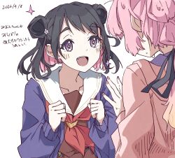  +_+ 2girls anyoji_hime black_hair black_ribbon blush brown_dress cardigan clenched_hands colored_inner_hair commentary_request dated double_bun dress fang hair_bun hair_ribbon hasu_no_sora_school_uniform highres hood hood_down hooded_jacket jacket link!_like!_love_live! long_hair long_sleeves looking_at_another love_live! medium_hair multi-tied_hair multicolored_hair multiple_girls neckerchief nervous_sweating open_cardigan open_clothes pink_hair pink_jacket ponytail purple_cardigan red_neckerchief ribbon sailor_collar sailor_dress school_uniform shirin_mion sio_pasta sparkle sweat translation_request two_side_up upper_body violet_eyes virtual_youtuber white_sailor_collar winter_uniform 