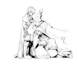  2boys alternate_costume bird black_mage_(final_fantasy) book boots cape chocobo closed_eyes commentary crossover english_commentary expressionless feathers final_fantasy final_fantasy_tactics full_body gloves grey_hair hand_on_another's_head hat holding holding_book illbewaiting kingdom_hearts kingdom_hearts_ii knee_up knight_(final_fantasy) lineart looking_at_another looking_down male_focus monochrome multiple_boys open_mouth pants petting puffy_pants riku_(kingdom_hearts) roxas short_hair sitting standing striped_clothes striped_pants vertical-striped_clothes vertical-striped_pants white_background 