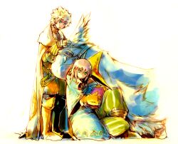  2boys alternate_costume aqua_eyes bird black_mage_(final_fantasy) blonde_hair blue_bird blue_cape blue_eyes blue_feathers book boots brown_boots cape character_request chocobo closed_eyes commentary crossover english_commentary expressionless feathers final_fantasy final_fantasy_xii full_body gloves green_pants grey_hair hand_on_another's_head hat holding holding_book illbewaiting kingdom_hearts kingdom_hearts_ii knee_up looking_at_another looking_down male_focus multiple_boys open_mouth orange_boots orange_pants pants petting puffy_pants riku_(kingdom_hearts) roxas short_hair sitting standing striped_clothes striped_pants vertical-striped_clothes vertical-striped_pants white_background yellow_gloves yellow_hat 