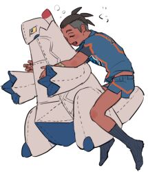  aged_down archaludon black_hair black_socks blue_shirt blue_shorts character_doll child chuu_ni collared_shirt commentary_request dark-skinned_male dark_skin doll fang lying medium_sideburns on_side open_mouth pokemon pokemon_(creature) pokemon_sword_and_shield raihan_(pokemon) shirt short_hair short_sleeves shorts sideburns simple_background sleeping socks spiky_hair squeans stuffed_toy undercut white_background 