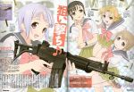  16_(upotte!!) :d absurdres assault_rifle blue_eyes blush bowtie brown_hair fn_fnc fnc fnc_(upotte!!) gun hair_bun hair_ornament hairclip highres l85a1_(upotte!!) l_(upotte!!) m16a4_(upotte!!) multiple_girls newtype nishiya_yasushi no_nose official_art open_mouth orange_hair purple_eyes red_eyes rifle scan school_uniform serafuku sg550_(upotte!!) short_hair sig_(upotte!!) silver_hair smile takami_akio title_drop upotte!! violet_eyes watch weapon wristwatch 
