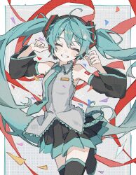  1girl ^_^ ahoge aqua_hair aqua_nails aqua_necktie black_boots black_skirt boots closed_eyes commentary facing_viewer grey_background grey_shirt hatsune_miku headset highres jumping long_hair nail_polish necktie number_tattoo pleated_skirt sanye_mitsuyo shirt shoulder_tattoo skirt sleeveless sleeveless_shirt smile solo tattoo thigh_boots twintails vocaloid 