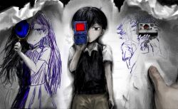 1boy basil_(headspace)_(omori) basil_(omori) black_eyes black_hair black_sweater_vest brown_shorts camera closed_mouth collared_shirt expressionless handheld_game_console hellmari_(omori) highres holding holding_camera holding_handheld_game_console holding_paper looking_at_viewer male_focus mari_(headspace)_(omori) mari_(omori) nofu_no0004 omori paper shirt short_sleeves shorts solo spoilers sunny_(omori) sweater_vest white_shirt 
