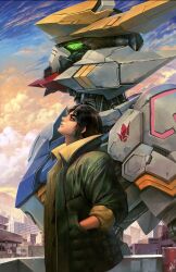  1boy armor black_hair blue_sky building clouds coat commentary english_commentary gradient_sky green_coat green_eyes gundam gundam_barbatos gundam_tekketsu_no_orphans highres looking_up male_focus mecha mecha_focus mikazuki_augus mobile_suit multicolored_armor on_rooftop orange_sky outdoors robot science_fiction short_hair sky white_armor wizyakuza 