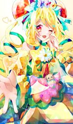  1girl apron aqua_bow bare_shoulders blonde_hair blue_flower bow bowl bowtie brooch bun_cover chinese_clothes collared_shirt commentary_request cowboy_shot cure_yum-yum cure_yum-yum_(party_up_style) delicious_party_precure detached_sleeves dot_nose double_bun dragon drill_hair eastern_dragon eyelashes eyes_visible_through_hair flower flower_brooch flower_hairband food-themed_bag hair_bow hair_bun hanamichi_ran happy heart high_collar highres jewelry light_blush light_particles long_hair long_sleeves magical_girl mem-mem_(precure) narumi_kanata one_eye_closed open_mouth orange_eyes pink_apron pink_flower pom_pom_(clothes) precure purple_flower shirt skirt sleeveless sleeveless_shirt smile solo sparkle standing twin_drills twintails very_long_hair waist_apron waist_bag watch watch white_flower wide_sleeves yellow_background yellow_bow yellow_bowtie yellow_flower yellow_shirt yellow_skirt yellow_sleeves 