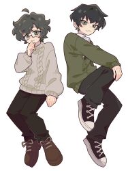  2boys 3d_tansoku ahoge arm_at_side black-framed_eyewear black_hair black_pants black_shoes borrowed_character brown_shoes cardigan closed_mouth commission earrings fang full_body glasses green_cardigan green_eyes grey_sweater hand_on_own_chin hand_on_own_knee hand_rest highres invisible_chair jewelry knee_up light_smile looking_at_viewer male_focus mole mole_under_eye multiple_boys original pants rectangular_eyewear semi-rimless_eyewear shoes short_hair simple_background sitting skeb_commission skin_fang sneakers stud_earrings sweater under-rim_eyewear white_background wing_collar 
