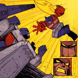  2boys arm_mounted_weapon armor autobot axe azoinab battle black_helmet blade_arm blue_helmet cannon clenched_hands clenched_teeth cut-in decepticon energy_axe from_below frown grey_armor helmet highres mecha mecha_focus megatron midair multiple_boys optimus_prime red_armor red_eyes robot robot_boy sharp_teeth teeth transformers transformers:_generation_1 transformers_(marvel) yellow_background yellow_eyes 