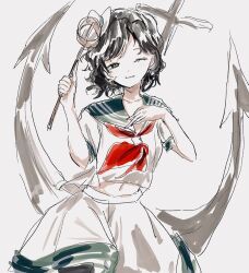  1girl anchor black_hat collarbone commentary green_eyes hat highres holding looking_at_viewer midriff midriff_peek mitsusame murasa_minamitsu navel neckerchief one_eye_closed red_neckerchief sailor_collar shirt sketch skirt solo touhou white_shirt white_skirt 