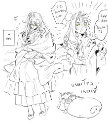  1girl blush breasts clenched_hands closed_mouth commentary_request dress drill_hair fever full_body green_eyes hair_between_eyes highres large_breasts long_hair long_sleeves looking_down looking_to_the_side lying monochrome multiple_views on_back open_mouth original saliva sick side_drill simple_background sitting sketch slippers spot_color sweat thai_commentary thai_text towel towel_on_head translation_request under_covers unholymilk upper_body white_background 