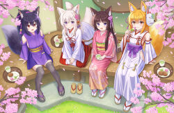 4girls :d absurdres animal_ears black_hair blonde_hair blue_eyes branch breasts brown_eyes brown_hair brown_sandals cat_ears cat_girl closed_mouth clothing_cutout commentary_request cup dango day detached_sleeves fang floral_print flower folded_ponytail food fox_ears fox_girl fox_tail grey_sandals grey_thighhighs hair_between_eyes hakama hakama_skirt highres hip_vent holding holding_cup holding_food iroha_(iroha_matsurika) japanese_clothes kimono kohaku_(iroha_(iroha_matsurika)) koyoi_(iroha_(iroha_matsurika)) kunoichi-chan_(iroha_(iroha_matsurika)) long_sleeves medium_breasts miko multiple_girls mutsuki_(iroha_(iroha_matsurika)) nontraditional_miko obi open_mouth original outdoors petals pink_flower pink_kimono print_kimono purple_kimono purple_sleeves red_hakama sandals sanshoku_dango sash seiza short_kimono sideboob sitting skirt smile socks tabi table tail tatami thigh-highs tray unworn_sandals veranda violet_eyes wagashi white_kimono white_socks wide_sleeves wolf_ears wolf_girl wolf_tail zouri