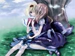  2girls alice_margatroid blonde_hair blue_eyes book cheek_kiss grass haibane_renmei hat hat_removed headwear_removed kirisame_marisa kiss meiji_(charisma_serve) multiple_girls short_hair sitting touhou tree wink yuri 