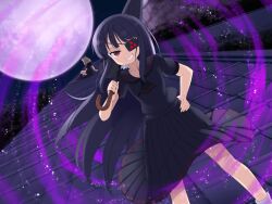  2girls architecture arm_support ascot black_ascot black_hair black_sailor_collar black_serafuku black_skirt black_socks black_umbrella blunt_bangs bow brown_shoes collarbone curled_ends curly_hair east_asian_architecture energy eyepatch flat_chest from_behind full_moon game_cg grin hair_bow hand_on_own_hip haruka_(senran_kagura) hebijo_academy_school_uniform holding holding_umbrella light_particles loafers long_hair long_skirt looking_at_viewer miniskirt mirai_(senran_kagura) mitsudomoe_(shape) moon multiple_girls night official_art on_roof outdoors pink_bow plant pleated_skirt puffy_sleeves red_eyes red_trim sailor_collar school_uniform senran_kagura senran_kagura_new_link serafuku shoes sitting skirt smile socks tomoe_(symbol) tree umbrella umbrella_gun white_socks 