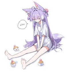 ... 1girl :3 absurdres ahoge animal_ear_fluff animal_ears bare_legs barefoot between_legs choppy_bangs closed_eyes closed_mouth commentary_request creature fox_ears fox_girl fox_tail full_body hand_between_legs highres hoduttang inari_(tenko_shibuki) indoors korean_commentary long_shirt multicolored_hair no_pants nose_bubble purple_tail shirt short_sleeves simple_background sitting sleeping sleeping_upright solo spoken_ellipsis stellive streaked_hair t-shirt tail tenko_shibuki virtual_youtuber white_background white_shirt 