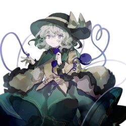  black_hat blouse bow buttons diamond_button eyeball floral_print frilled_sleeves frills green_hair green_skirt grey_hair hat hat_bow hat_ribbon heart heart_of_string highres holding holding_phone koiliblikas koishi_day komeiji_koishi phone ribbon rose_print shirt skirt third_eye touhou white_background yellow_bow yellow_ribbon yellow_shirt 