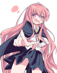  1girl black_cape black_skirt blush bright_pupils cape collared_shirt commentary_request cowboy_shot dutch_angle eyes_visible_through_hair fang frown hair_between_eyes hand_on_own_hip he_shan123 index_finger_raised long_hair louise_francoise_le_blanc_de_la_valliere lower_teeth_only miniskirt neck_ribbon open_mouth pink_eyes pink_hair pleated_skirt pointing pointing_at_viewer red_ribbon ribbon school_uniform shirt sidelocks simple_background skin_fang skirt solo teeth v-shaped_eyebrows very_long_hair white_background white_pupils white_shirt zero_no_tsukaima 
