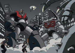  1boy 1girl aircraft armor battle black_armor blade_horns building city clenched_hands commentary doublas_m2_(robot) dust_cloud english_commentary garada_k7_(robot) glint grey_armor gun handgun hat helicopter holding holding_gun holding_walkie-talkie holding_weapon horns japan_national_police mazinger_(series) mazinger_z mazinger_z_(mecha) mecha mecha_focus multicolored_armor multiple_heads nachomon night open_mouth outdoors police police_hat police_helicopter police_uniform policewoman red_eyes robot super_robot walkie-talkie weapon yellow_eyes 
