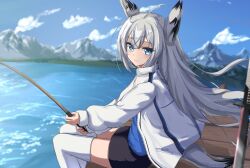  1girl absurdres animal_ears asagiri_rey azur_lane black_skirt blue_eyes blue_shirt closed_mouth commentary_request fishing fishing_rod fox_ears fox_girl fox_tail hair_between_eyes highres holding holding_fishing_rod jacket katana kawakaze_(azur_lane) light_smile long_hair long_sleeves looking_at_viewer mountainous_horizon outdoors shirt sitting skirt sword tail thigh-highs thighs water weapon white_jacket white_thighhighs 