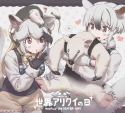  ! 2girls animal animal_ears animal_hug animal_on_head black_fur black_gloves black_hair blonde_hair blush blush_stickers bow bowtie brown_eyes brown_hair brown_shorts commentary_request copyright_name cowboy_shot creature_and_personification extra_ears fur_collar fur_trim giant_anteater_(kemono_friends) gloves grey_hair hair_between_eyes highres holding holding_animal ito_yoki japari_symbol kemono_friends long_hair long_sleeves multicolored_hair multiple_girls on_head open_mouth orange_bow orange_bowtie overall_shorts overalls pantyhose personification shirt short_hair shorts sidelocks smile southern_tamandua southern_tamandua_(ex)_(kemono_friends) southern_tamandua_(kemono_friends) suspenders tail tamandua tamandua_ears tamandua_tail two-tone_hair vest white_bow white_bowtie white_fur white_hair white_shirt yellow_bow yellow_bowtie 