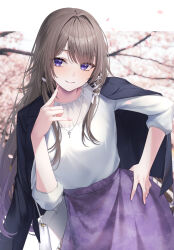  1girl absurdres alternate_costume bag blurry blurry_background border brown_hair casual closed_mouth commentary_request falling_petals hand_on_own_hip hand_up herta_(honkai:_star_rail) highres honkai:_star_rail honkai_(series) jewelry long_hair looking_at_viewer necklace petals purple_skirt sakuno_(sksk_sakuno) shirt short_sleeves skirt smile the_herta_(honkai:_star_rail) violet_eyes white_bag white_border white_shirt 
