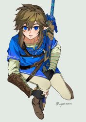  1boy black_gloves blonde_hair blue_eyes blue_tunic boots brown_boots fingerless_gloves gloves hair_between_eyes highres holding holding_sword holding_weapon looking_at_viewer male_focus master_sword medium_hair pants parted_lips sheath sheathed shirt shuo_yue sidelocks single_vambrace solo sword the_legend_of_zelda the_legend_of_zelda:_breath_of_the_wild tunic twitter_username vambraces weapon white_background white_pants white_shirt 