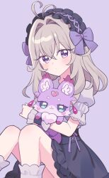  1girl animal antenna_hair black_hairband black_skirt closed_mouth commentary_request expressionless fox frilled_cuffs frilled_hairband frilled_skirt frilled_sleeves frilled_socks frills grey_hair hair_between_eyes hair_intakes hairband high-waist_skirt highres holding holding_animal knees_up light_blush light_frown lolita_fashion lolita_hairband looking_at_viewer mashu-tan medium_hair meitantei_precure! miniskirt moria_luluka nyangmomil official_alternate_costume precure puffy_short_sleeves puffy_sleeves purple_background shirt short_sleeves sidelocks simple_background sitting skirt socks solo violet_eyes white_shirt white_socks 