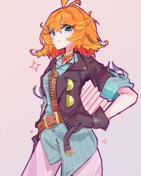  1girl absurdres ahoge aqua_eyes aqua_shirt belt black_gloves black_jacket blonde_hair brown_belt closed_mouth commentary cowboy_shot dokibird dokibird_(bounty_hunter) from_side gloves hair_ornament hairclip highres indie_virtual_youtuber jacket looking_at_viewer necktie open_clothes open_jacket orange_necktie pants shirt smile solo sunglasses troubleshooter_bun untucked_shirt unworn_eyewear virtual_youtuber white_pants 