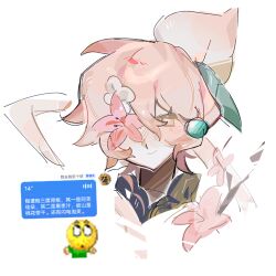  1boy androgynous black_shirt blush chinese_commentary chinese_text closed_mouth commentary_request cookie_run cookie_run:_kingdom cropped_head earrings flower flower_over_eye food-themed_hair_ornament hair_between_eyes hair_ornament humanization jewelry looking_at_viewer male_focus one_eye_covered peach_blossom_cookie peach_hair_ornament pink_eyes pink_flower pink_hair pink_shawl q622130598 screenshot_inset shawl shirt short_hair simple_background smile solo sphere_earrings white_background 