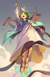  1girl :d absurdres arm_up brown_shoes coco_(tongari_boushi_no_atelier) commentary dress floating full_body green_hair hat hechium highres index_finger_raised magic midair pantyhose shoes smile solo teeth tongari_boushi_no_atelier upper_teeth_only white_dress witch_hat yellow_eyes 