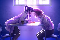  2girls alternate_costume alternate_universe animal_ears asylum_(location) bent_over black_pantyhose blunt_bangs chair coat commentary cosplay couple dc_comics doctor dunoruno fox_ears fox_girl from_side genshin_impact glasses hair_between_eyes harley_quinn harley_quinn_(cosplay) heads_together high_ponytail highres indoors joker_(dc) joker_(dc)_(cosplay) leaning_forward long_hair long_sleeves looking_at_another multicolored_hair multiple_girls on_chair pants pantyhose parted_lips pink_hair ponytail purple_background purple_hair raiden_shogun scene_reference straitjacket streaked_hair suicide_squad suicide_squad_(2016_movie) sunlight table upper_body violet_eyes white_coat window yae_miko yuri 