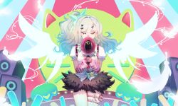  1girl arm_warmers bag bandaid bandaid_hair_ornament black_skirt closed_eyes commentary cowboy_shot dar_linnn falling_feathers feathers fur-trimmed_skirt fur_trim green_hair hair_ornament heart heart_hair_ornament highres holding holding_megaphone long_hair megaphone multiple_hair_clips musical_note pink_arm_warmers pink_bag shirt skirt solo speaker striped_arm_warmers sunna_(zenless_zone_zero) white_shirt white_wings winged_bag wings zenless_zone_zero 