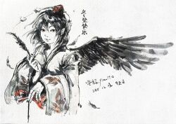  1girl artist_name bird_wings black_hair black_wings chinese_commentary closed_mouth commentary_request dated detached_sleeves feathered_wings feathers hat highres holding holding_feather ink_wash_painting japanese_clothes kimono kourindou_tengu_costume long_sleeves looking_at_viewer medium_hair official_alternate_costume pom_pom_(clothes) red_eyes red_hat shameimaru_aya smile solo tokin_hat touhou translation_request upper_body white_kimono wide_sleeves wings yon_1912 