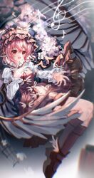 1girl absurdres animal_ears arm_belt bird_ears bird_wings breasts brown_dress brown_eyes brown_hat brown_shoes brown_socks chinese_commentary commentary_request dress hat highres long_sleeves mary_janes medium_breasts musical_note musical_staff mystia_lorelei open_mouth pink_hair procreate_(medium) shoes smile socks solo tan_xiao_ye touhou winged_hat winged_shoes wings 