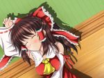  arm_up armpits ascot bad_id blush bow brown_hair closed_eyes detached_sleeves eyes_closed hair_bow hair_tubes hakurei_reimu kaima lying miko on_back open_mouth shirt sleeping solo tatami touhou 