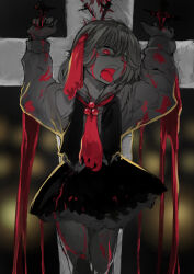  1girl absurdres arms_up ascot black_skirt black_vest blood blood_on_clothes blood_on_face blood_on_hands blood_splatter blurry blurry_background commentary_request cowboy_shot cross crucifix crucifixion greyscale hair_ribbon highres limited_palette monochrome nail_(hardware) nyararuto red_ascot red_eyes red_ribbon restrained ribbon rumia shirt skirt solo touhou vest white_shirt 