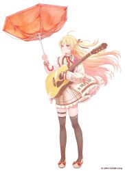  1girl absurdres acoustic_guitar blonde_hair brown_dress brown_eyes brown_sailor_collar brown_thighhighs buttons commentary_request copyright_notice double-breasted double-parted_bangs dress floating_hair frilled_jacket frills full_body guitar hair_between_eyes hair_ornament hair_ribbon hairclip highres holding holding_guitar holding_instrument holding_umbrella hololive hololive_dev_is instrument inverted_umbrella jacket long_hair long_sleeves musical_note musical_note_hair_ornament nakauma neck_ribbon official_art one_side_up otonose_kanade otonose_kanade_(1st_costume) plaid_clothes plaid_dress red_ribbon ribbon sailor_collar shirt shoes simple_background solo standing thigh-highs thigh_strap umbrella virtual_youtuber white_background white_jacket white_sailor_collar white_shirt white_shoes 