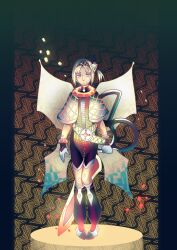  1girl :| abstract_background absurdres alternate_costume black_bodysuit black_gloves black_hairband black_socks blue_wings bodysuit check_costume closed_mouth commentary commission facial_mark gloves glowing glowing_eyes grey_background grey_bodysuit grey_shrug grey_socks grid_print hairband highres holding holding_behind_back holding_weapon id_jkinaru kneehighs large_scissors looking_at_viewer medium_hair multicolored_bodysuit multicolored_gloves multicolored_shrug multicolored_socks one_side_up orange_background orange_bodysuit orange_shrug protected_link red_eyes red_socks s'yne_lokk scissors second-party_source shoes shrug_(clothing) socks solo standing straight-on tate_no_yuusha_no_nariagari transparent_wings two-tone_gloves two-tone_shrug two-tone_socks untranslatable_commentary variant_set vassal_sewing_set_(tate_no_yuusha_no_nariagari) weapon white_gloves white_hair white_shoes wings yellow_bodysuit 