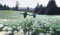  1boy 1girl absurdres blue_jacket child clouds cloudy_sky commentary english_commentary field flower flower_field forest from_behind green_jacket highres hill jacket landscape looking_ahead nature orange_hair original outdoors outstretched_arms painterly pine_tree playing scenery side-by-side sky tree white_flower white_sky zhongjusun 