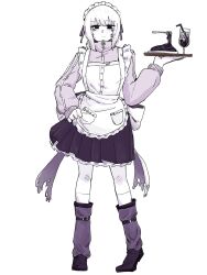  1girl alternate_costume apron asarikonnsome belt boots buttons closed_mouth commentary_request cup drinking_straw expressionless facial_mark food fork frilled_apron frilled_skirt frills full_body glass heart heart_facial_mark highres holding holding_plate ice ice_cube iyowa_girls jacket jersey_maid kinki-chan_(iyowa) looking_at_viewer maid maid_apron maid_headdress pale_skin pasta plate pleated_skirt pocket purple_belt purple_boots purple_jacket purple_ribbon purple_skirt ribbon short_hair simple_background skirt socks standing straight-on track_jacket unconventional_maid watashi_wa_kinki_(vocaloid) white_apron white_background white_hair white_socks zipper 