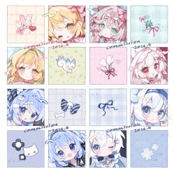 6+girls :d :o ;d absurdres blonde_hair blue_eyes blue_hair blue_hairband blush bone_hair_ornament bow chibi chibi_only closed_mouth commission cyano dated double-parted_bangs flower green_eyes grey_hair hair_between_eyes hair_bow hair_ornament hairband highres long_hair mihuashi_commission multiple_girls one_eye_closed open_mouth original pachirisu pink_bow pink_ribbon pokemon pokemon_(creature) red_eyes ribbon short_hair smile striped_bow tulip white_flower white_hair white_tulip yellow_eyes 