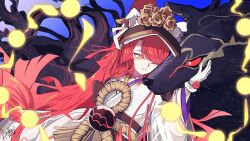  1girl animal_ears commentary_request dog dog_ears fate/grand_order fate_(series) flower hair_flower hair_ornament hair_ribbon highres japanese_clothes kimidorix32 kimono kyokutei_bakin_(fate) kyokutei_bakin_(third_ascension)_(fate) long_hair long_sleeves obi one_eye_closed ponytail red_eyes red_hair ribbon rope_belt sash smile very_long_hair white_kimono white_ribbon wide_sleeves yatsufusa_(fate) 
