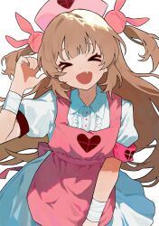  >_< 1girl :d absurdres apron bandaged_arm bandaged_wrist bandages center_frills closed_eyes cowboy_shot dress fang frills hair_ornament hand_up haru_(ririne9999rine) hat heart heart_print highres long_hair natori_sana natori_sana_(nurse) nurse_cap open_mouth pink_apron puffy_short_sleeves puffy_sleeves rabbit_hair_ornament sana_channel short_sleeves simple_background smile solo standing two_side_up virtual_youtuber white_background white_dress xd 
