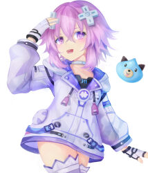  1girl choker commentary_request d-pad d-pad_hair_ornament dogoo drawstring emblem fingerless_gloves gloves hair_ornament highres hood hoodie neptune_(neptunia) neptune_(series) open_mouth purple_hair short_hair sidelocks simple_background slime_(creature) smile suterisu tongue tongue_out usb violet_eyes white_background 