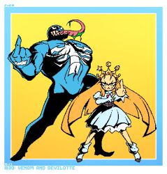  1boy 1girl animal_print belt blonde_hair blue_skin blunt_ends character_name colored_saliva colored_skin commentary crossover crown cyberbots devilot_de_deathsatan_ix dress eddie_brock english_commentary evil_smile forehead full_body gem gold_crown green_liquid hair_slicked_back height_difference high-waist_belt jeweled_crown juliet_sleeves legs_apart long_hair long_sleeves long_tongue looking_at_viewer marvel marvel_vs._capcom middle_finger multiple_belts pixel_art puffy_sleeves red_gem saliva sharp_teeth short_dress smile spider_print superhero_costume symbiote teeth tongue v-shaped_eyebrows venom_(marvel) very_long_hair very_long_tongue white_dress zimpleazdat 