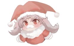  1girl absurdres chibi cropped_torso dokomon fake_facial_hair fake_mustache fur-trimmed_headwear fur-trimmed_shirt fur-trimmed_sleeves fur_trim grey_hair hat highres long_sleeves original red_eyes red_hat santa_costume santa_hat shirt simple_background solo twintails upper_body v-shaped_eyebrows white_background 