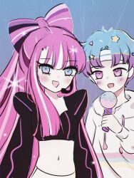 blue_hair blush bow-shaped_hair cookie_run cookie_run:_ovenbreak cropped_jacket eyelashes glitter glitter_in_hair hair_ornament headband headset holding holding_microphone hoodie long_hair microphone multicolored_hair pants pink_hair popping_candy_cookie shining_glitter_cookie short_hair smile white_pants